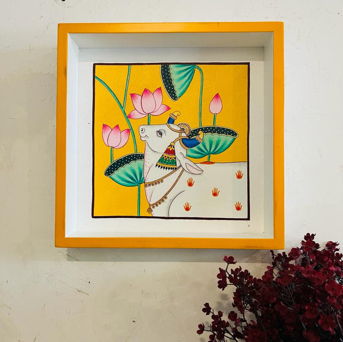Srinathji 11 : Yellow Gold Handpainted Pichwai Painting with Cow Motif ( Framed)