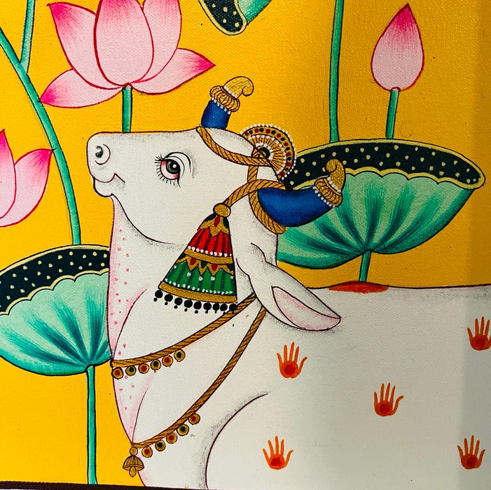 Srinathji 11 : Yellow Gold Handpainted Pichwai Painting with Cow Motif  ( Framed)