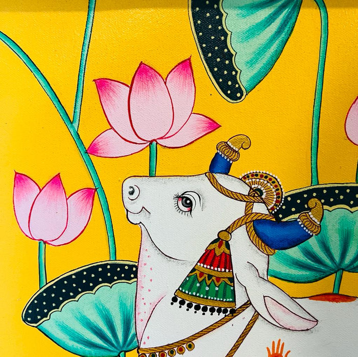 Srinathji 11 : Yellow Gold Handpainted Pichwai Painting with Cow Motif  ( Framed)