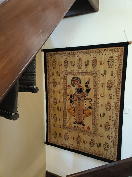 Large Embroidered Pichwai – Srinathji with Floral & Peacock Motifs