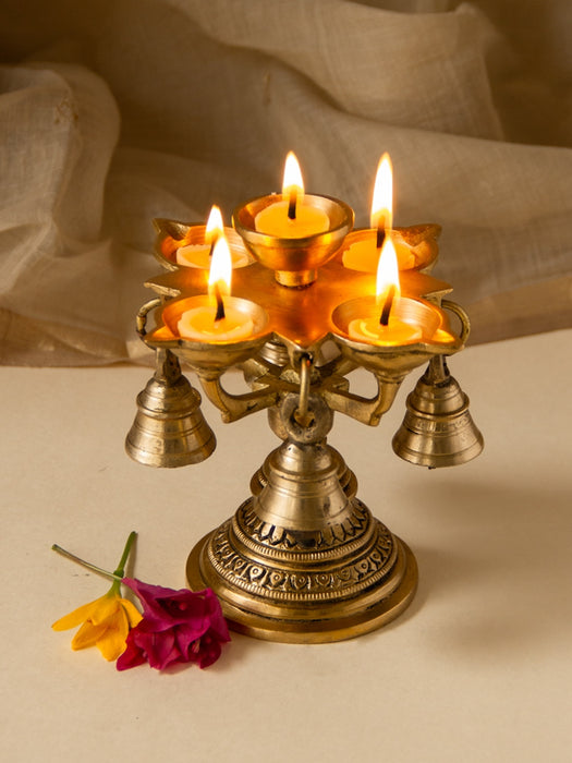 Brass 5 Diya Aarti Stand With Bells