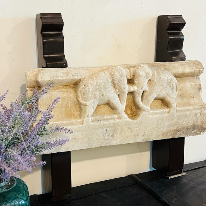 Gajraj 1 : Vintage Stone Carved Elephant panel in Marble with wooden supports
