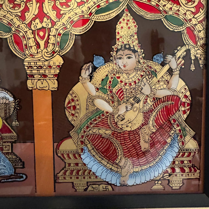 Wooden framed glass Tanjore : Ganesh, Lakshmi & Saraswati