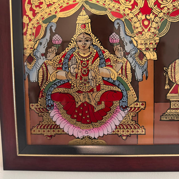 Wooden framed glass Tanjore : Ganesh, Lakshmi & Saraswati