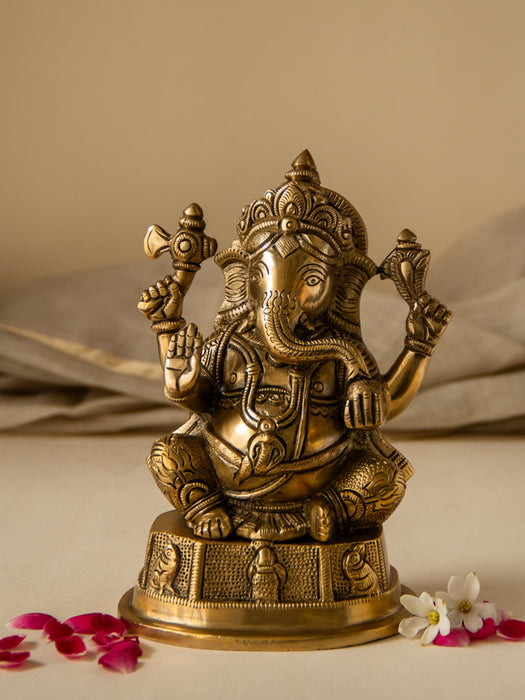 Lord Ganesh Brass Idol Seated on Pedestal