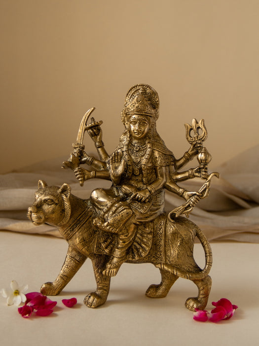 Durga Brass Idol Sitting on a Mighty Lion