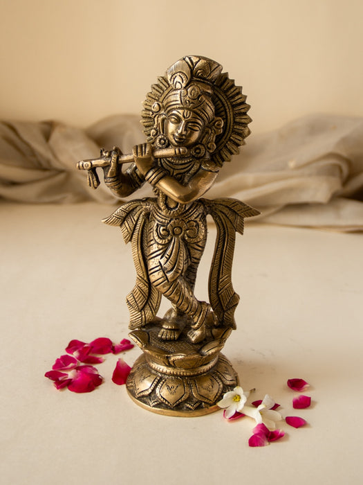 Lord Krishna Brass statue playing the flute