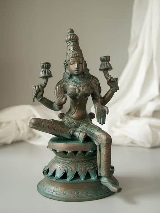 Goddess Lakshmi Brass Idol Sitting On Lotus Base