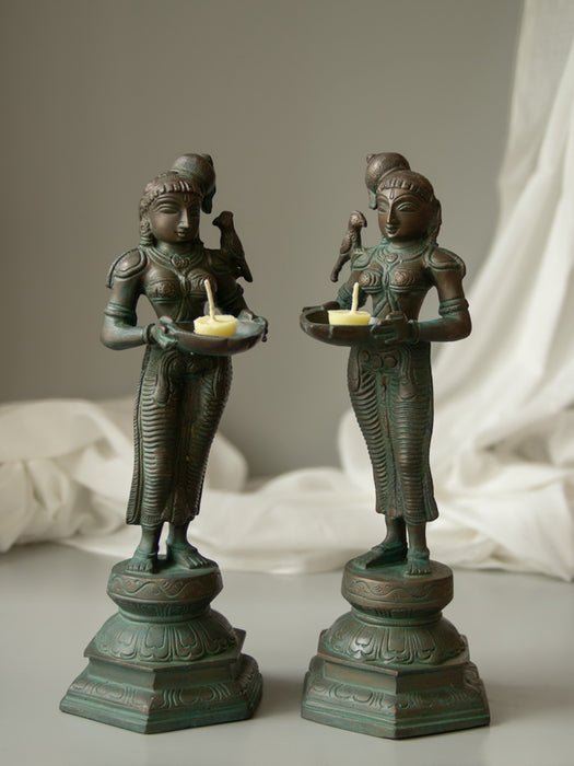 Pair of Deepalakshmis  Brass Idol with Parrots Perched Upon The Shoulder