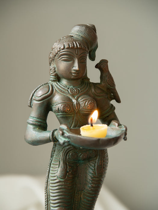 Pair of Deepalakshmis  Brass Idol with Parrots Perched Upon The Shoulder
