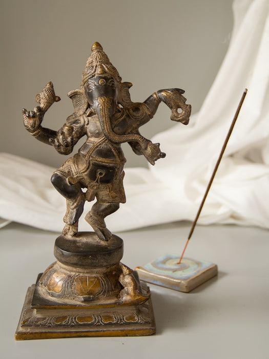 Dancing Chaturbhuja Ganesha Brass Idol - Gold & Black Patina Finish