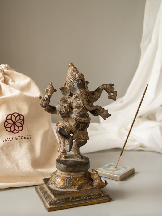 Dancing Chaturbhuja Ganesha Brass Idol - Gold & Black Patina Finish