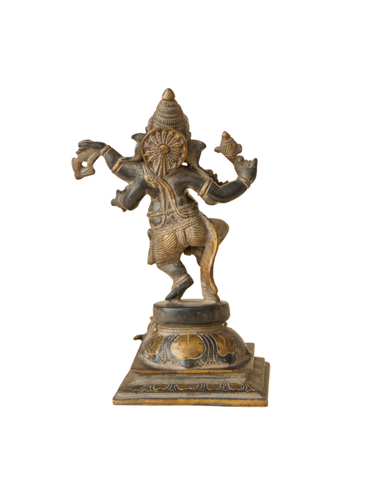 Dancing Chaturbhuja Ganesha Brass Idol - Gold & Black Patina Finish