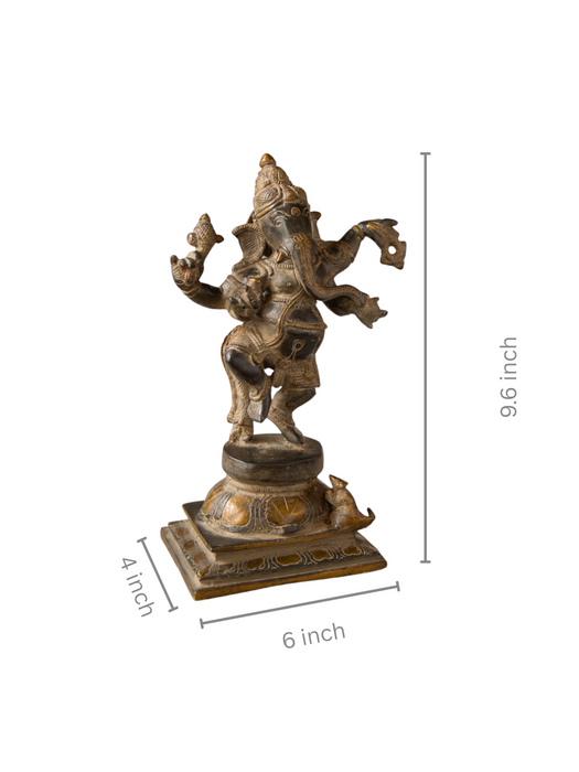 Dancing Chaturbhuja Ganesha Brass Idol - Gold & Black Patina Finish