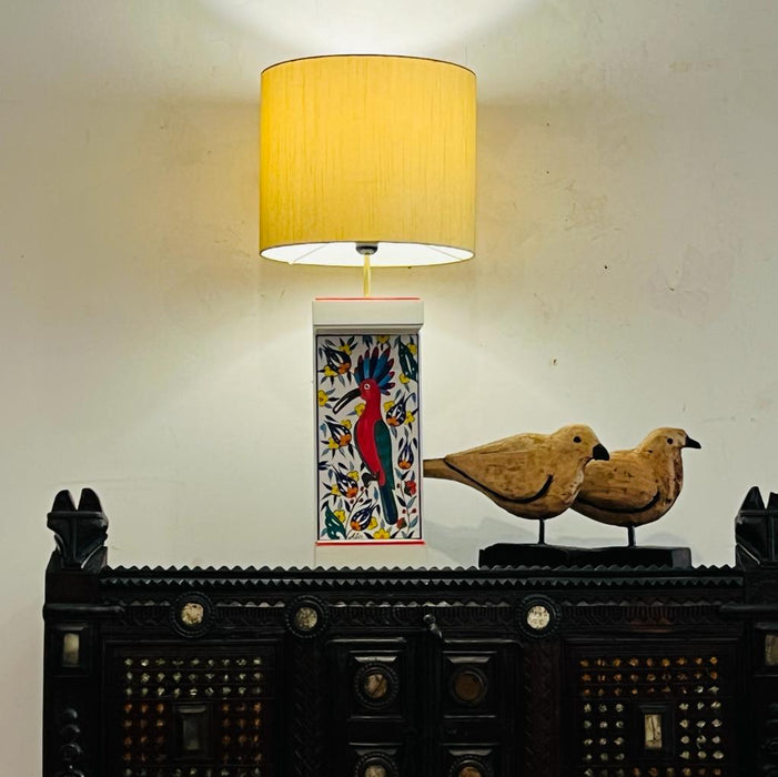 Noor 21 : Woodpecker Floral Painted Ceramic Tile Decorative Table Lamp ( Shade Included )