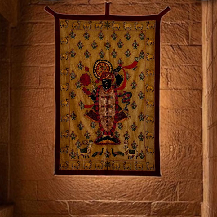 Large Embroidered Pichwai – Govinda with Floral & Cow Motifs