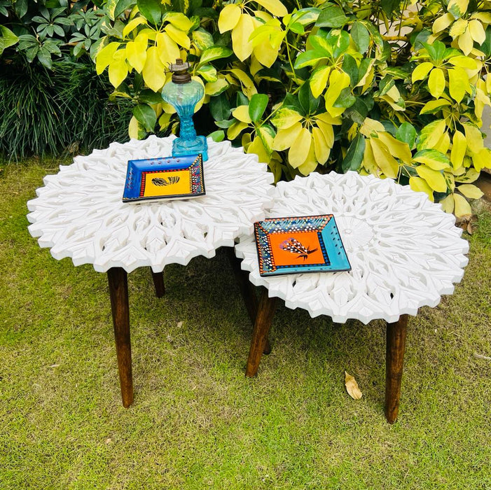 Aaima 10 :  Wooden Carved Top,  White  Side Tables ( Set of two )