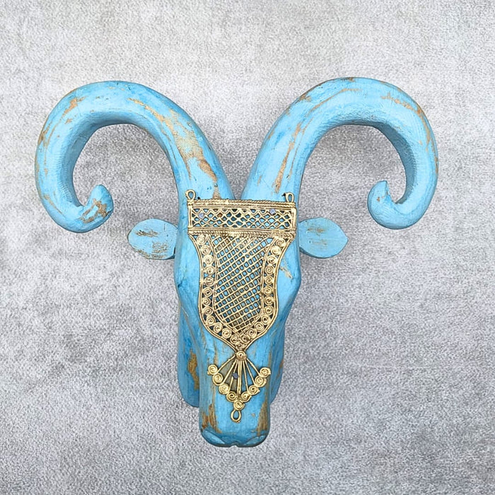 Brass Accessorized Wooden Ram Head ( Blue distress)