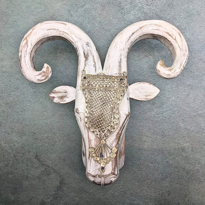 Brass Accessorized Wooden Ram Head ( white distress)