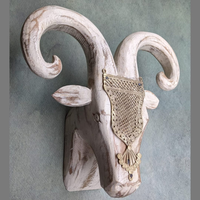 Brass Accessorized Wooden Ram Head ( white distress)