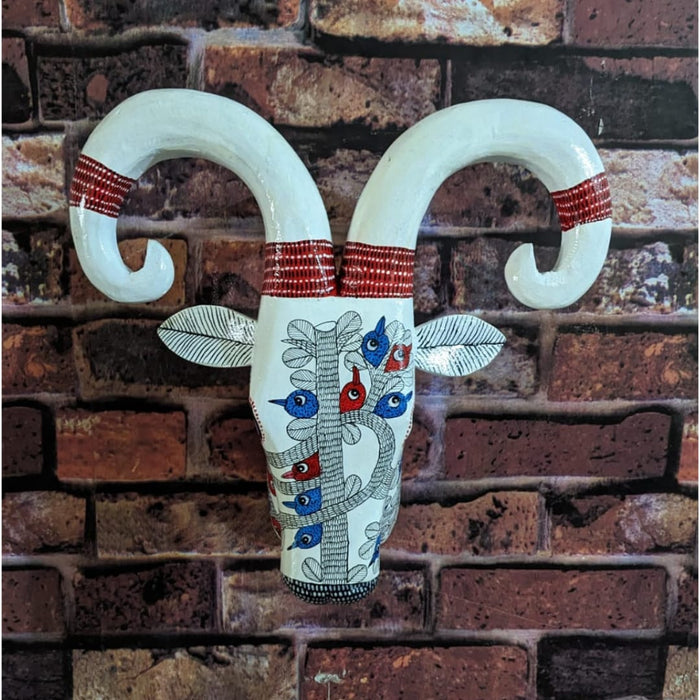 Hand painted wooden ram head (Gond  Art) White