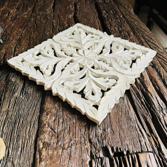 Aarav  1: Stylish White Carved  Wooden Trivet