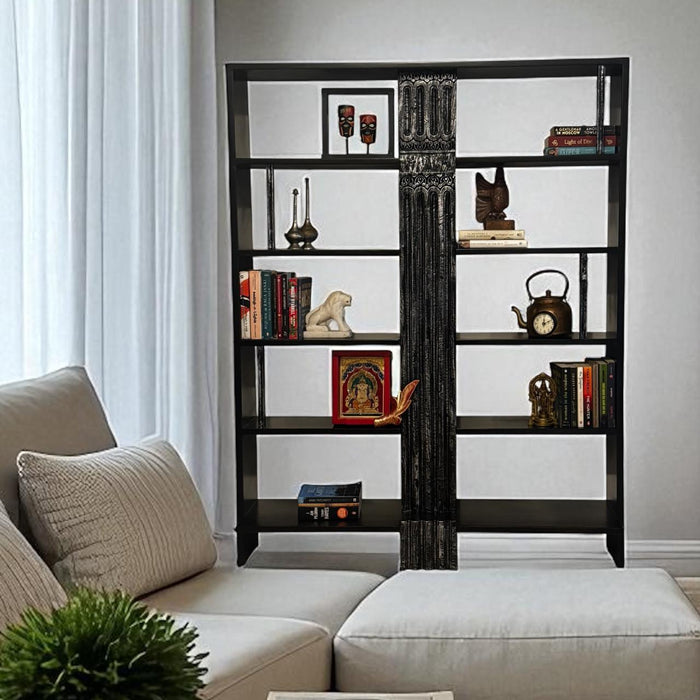 Bookshelf with Central Teak Wood Panel – Silver & Black Distress Finish : Zarish 4