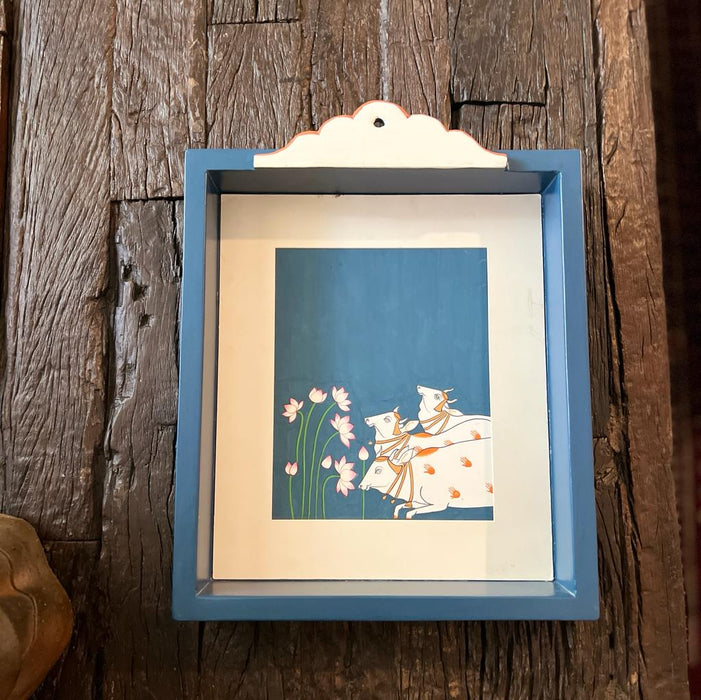 Lotus Pichwai Painting : Cow & Lotus Motif Pichwai Painting with Custom Crown Frame (Framed)