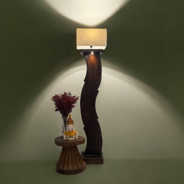 Tall, Curved Wooden Floor Lamp with Textured Detail : Noor 41 ( Shade Included)