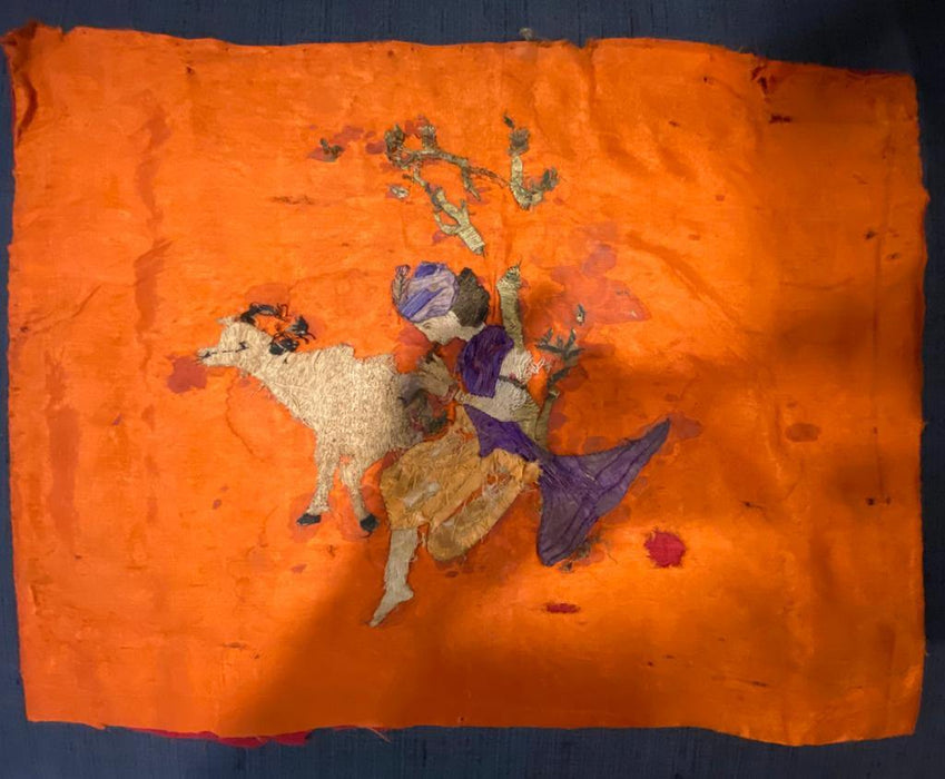 Krishna with cow : Vintage Embroidered Textile - Khojcrafts