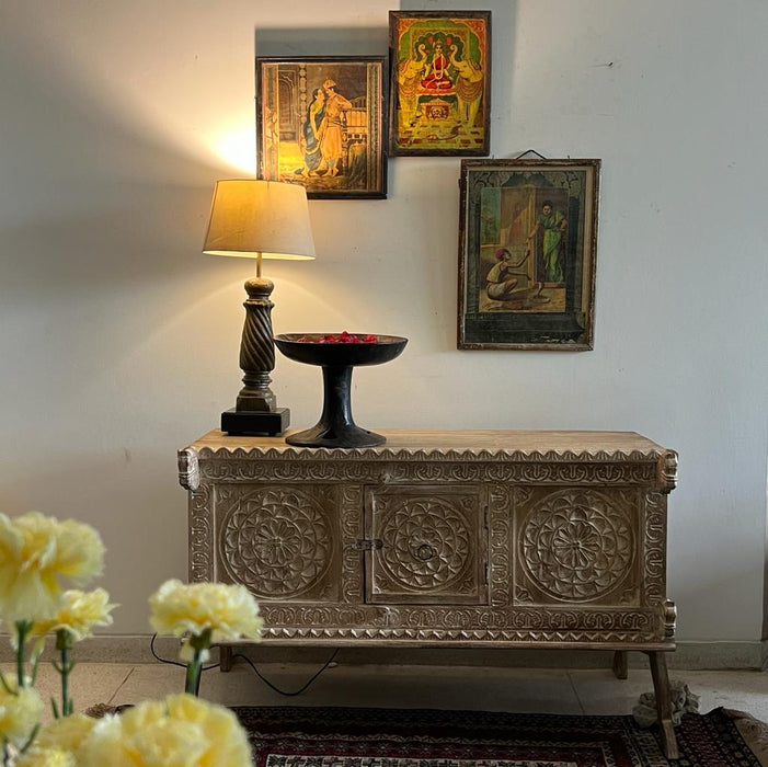 Fazeen : Cream Coloured, Carved Cabinet