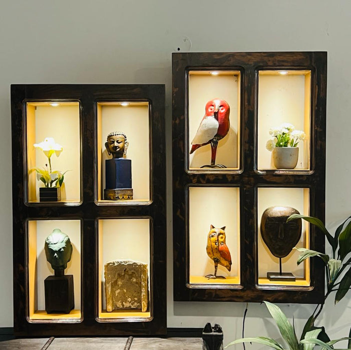 Gufran : Wooden Jharokha with Inset Lights and Shelves ( Sold Individually)