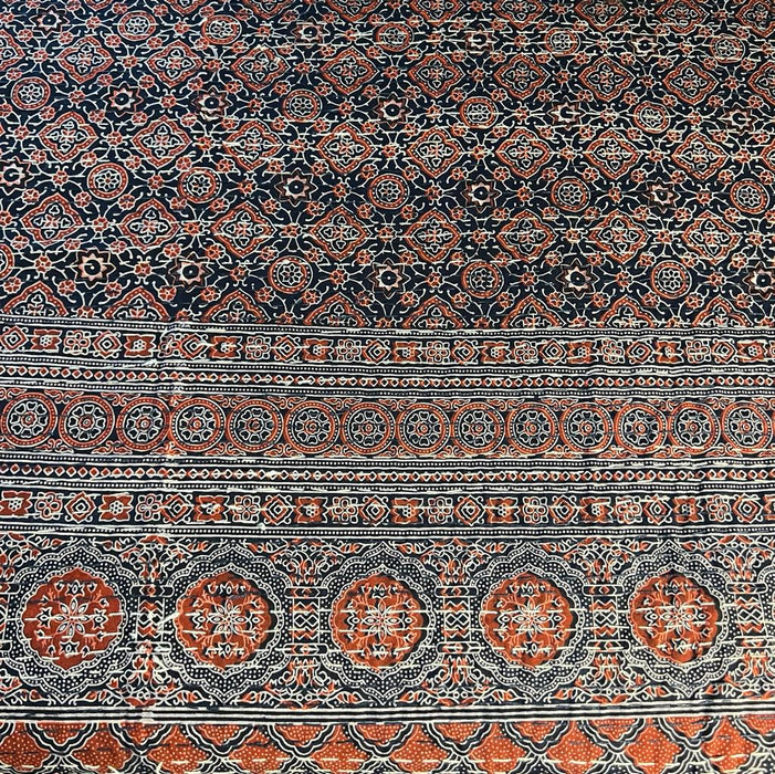 Gul:  Blue And Orange Ajrakh Bedcover with Kantha Work ( Double )