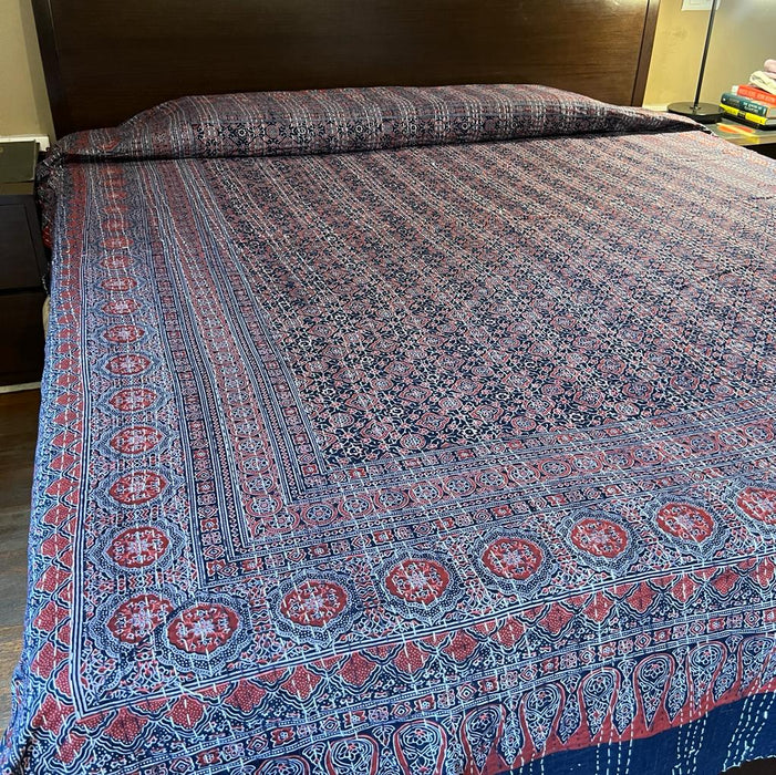 Gul: Blue And Orange Ajrakh Bedcover with Kantha Work ( Double )
