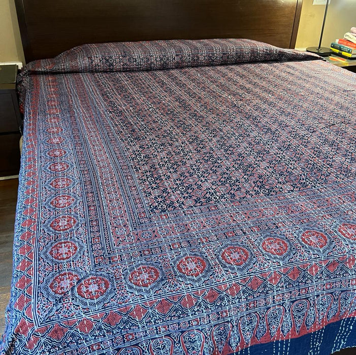 Gul:  Blue And Orange Ajrakh Bedcover with Kantha Work ( Double )