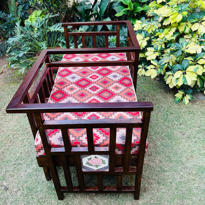 Love Seat with Antique Tiled Panels and Red Ikat Style Upholstry; Mussarat 1