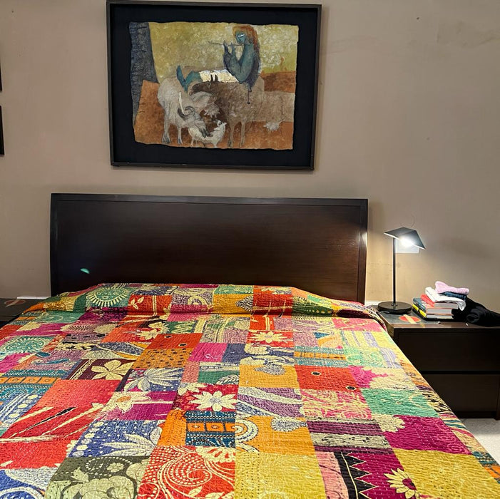 Rihaan : Multicoloured Patch work Bedcover with Kantha Work ( Double )