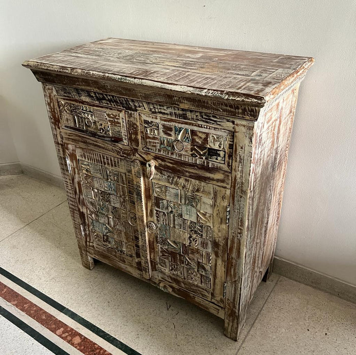 Wooden cabinet with Drawers and Panels in Distressed Finish : Shadah