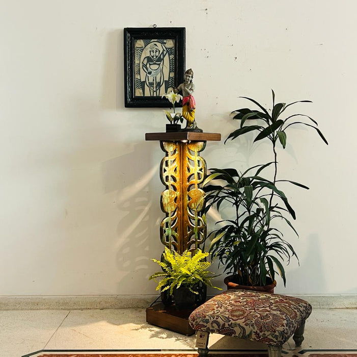 Subhan : Intricately Carved Wooden pedestal with Distress Green Finish (3.5 feet)