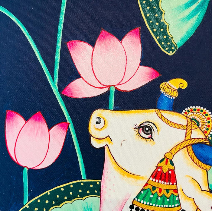 Srinathji 10 :  Cow THemed Pichwai Painting in Blue and Green  ( Framed )