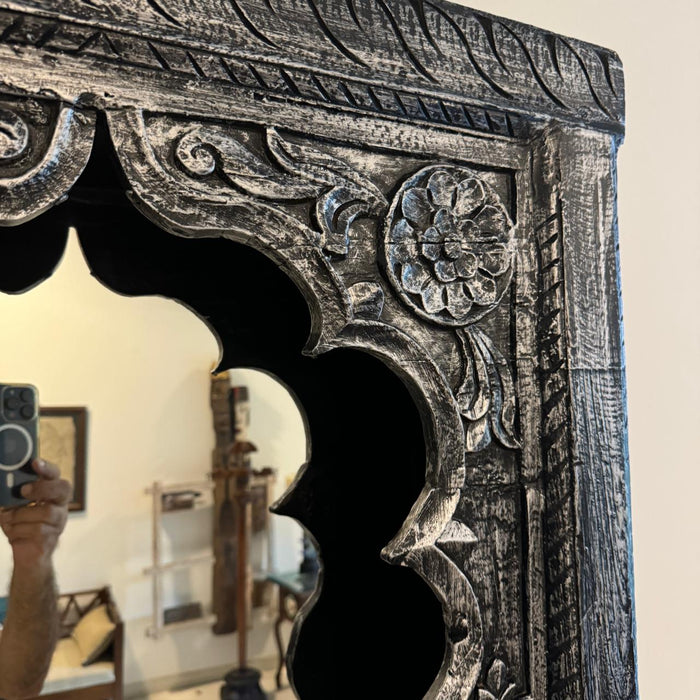 Tall , Wooden Jharoka Mirror with Silver Black Finish  :  Aaina 14 ( 4 feet long)