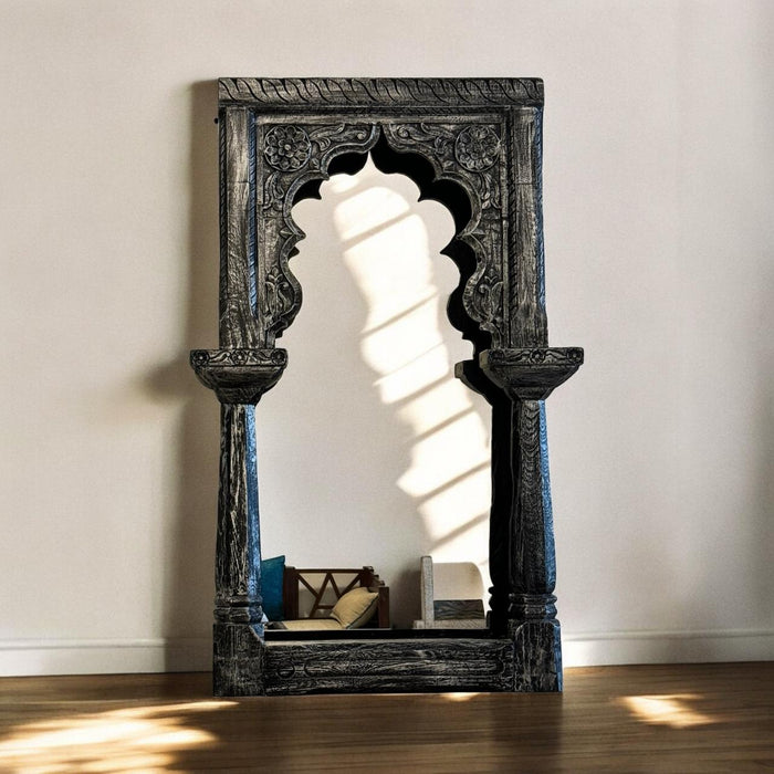 Tall , Wooden Jharoka Mirror with Silver Black Finish  :  Aaina 14 ( 4 feet long)