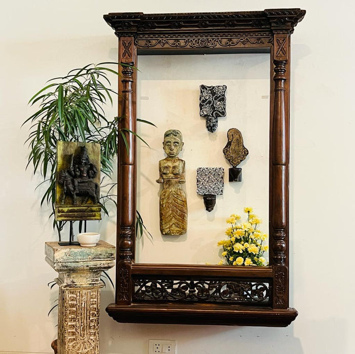 Haya 1  : Large, Vintage Carved Jharokha with a base and intricate carvings in a duo coloured, rich wood finish ( 5 feet +)