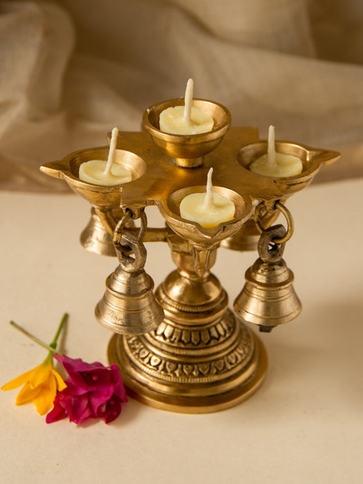 Brass 5 Diya Aarti Stand With Bells