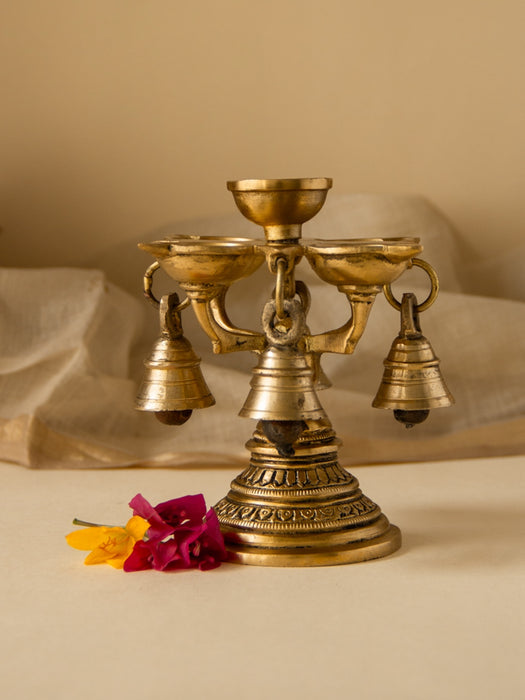 Brass 5 Diya Aarti Stand With Bells