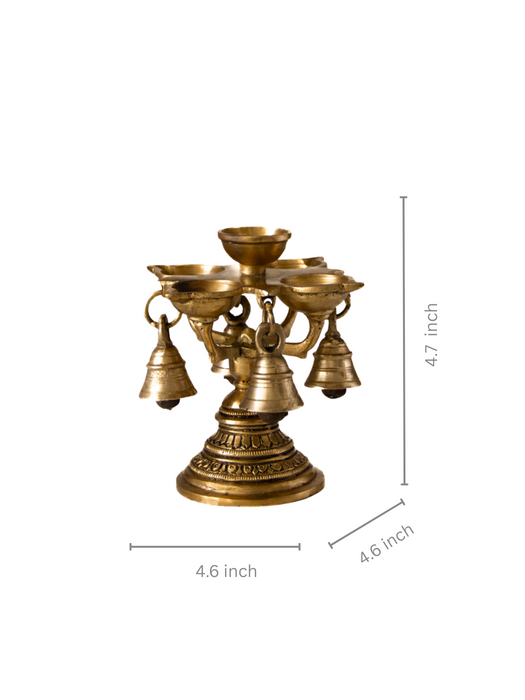 Brass 5 Diya Aarti Stand With Bells