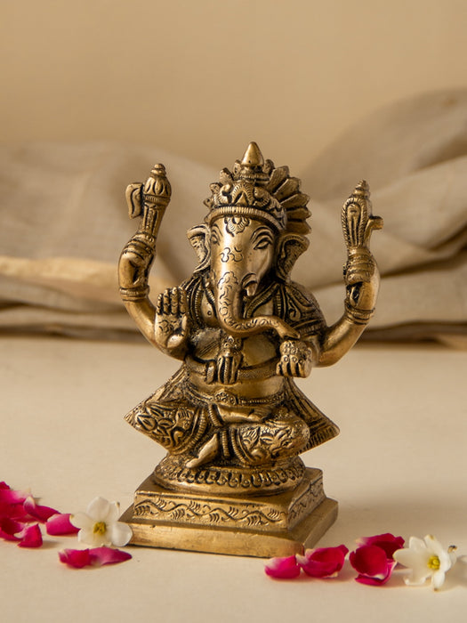 Ganesh Sitting Brass Idol on a Square Base