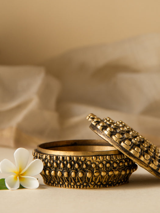 Intricately Carved Brass Jewel Round Box