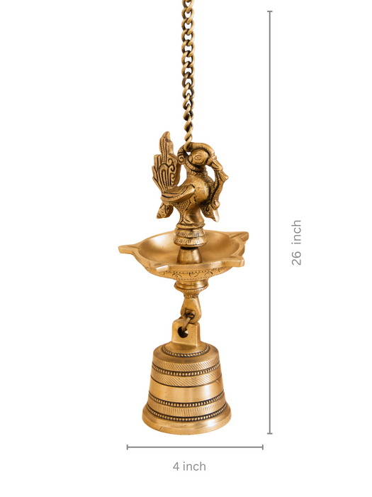Brass Peacock Pancham Diya With Bell with Hanging Chain
