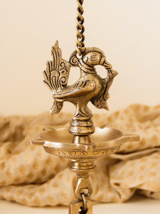 Brass Peacock Pancham Diya With Bell with Hanging Chain